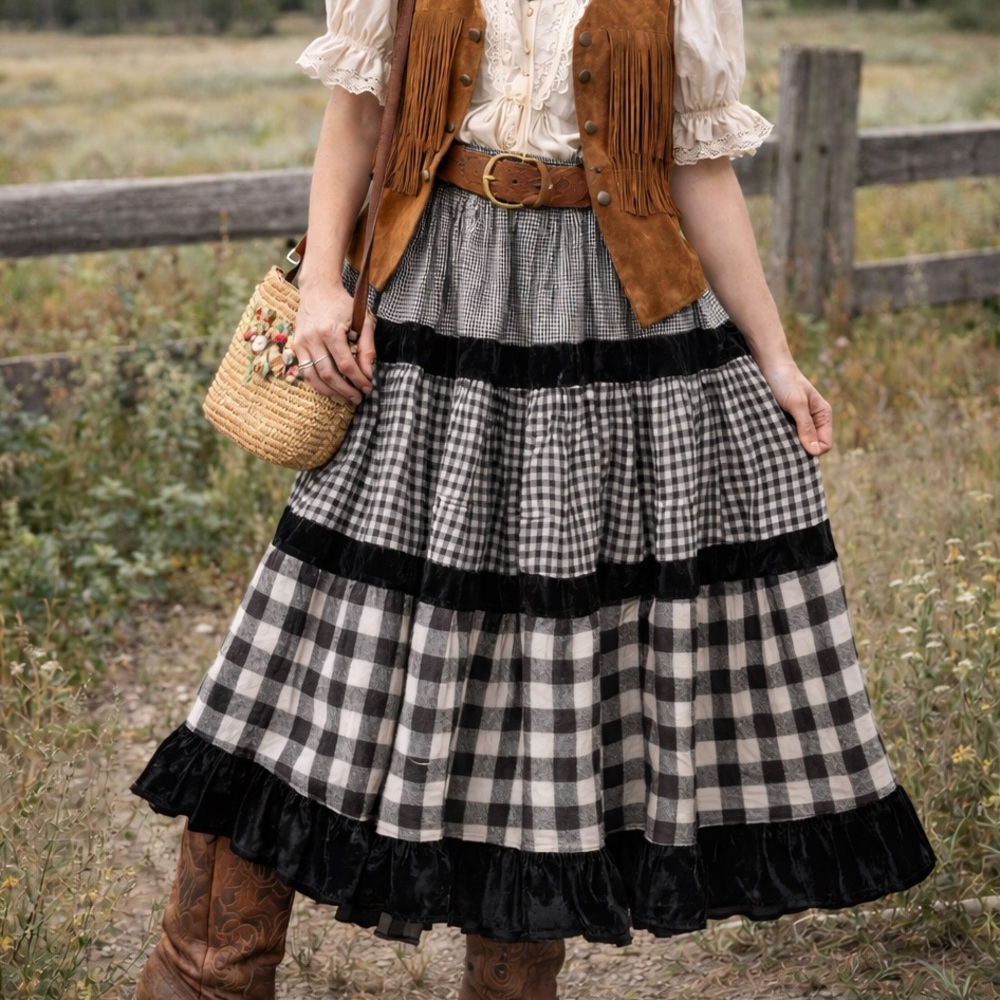 Vintage Lucia Lukken Broom Skirt Gingham Prarie Western Cottagecore Black Small - Picture 9 of 9